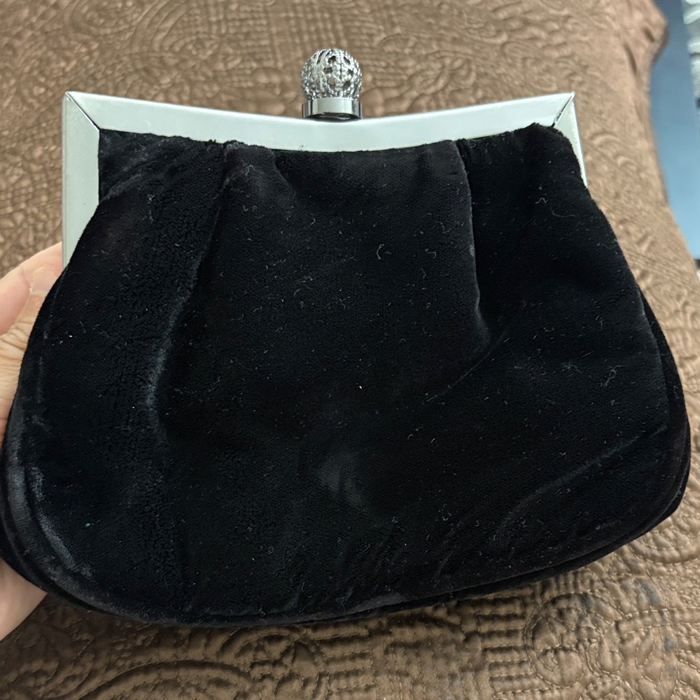 Black Velvet Evening Clutch with Silver-Tone Frame
